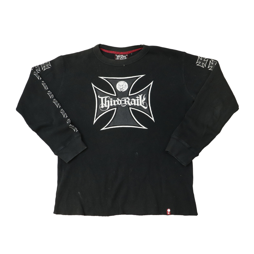 Vintage Third Rail Iron Cross Graphic Thermal Long Sleeve Shirt Size M